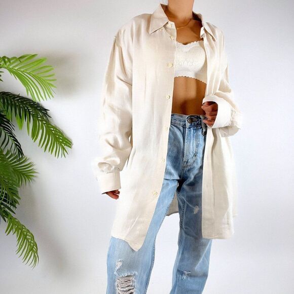 Vintage Y2K Coastal Chic Beachy Boho Oversized Linen Button Up Shirt / Size: XL - Picture 5 of 6